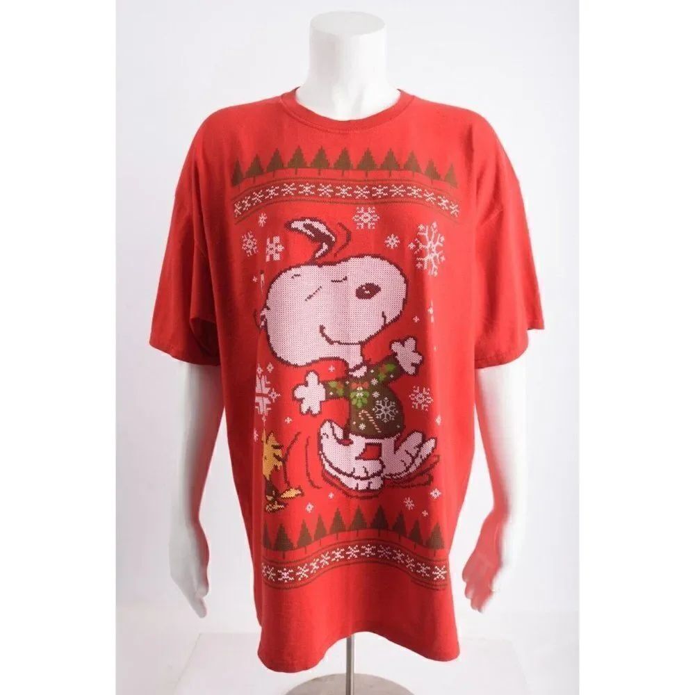 Peanuts Mens Snoopy Christmas Holiday T-Shirt Shirt XL Red Woodstock snowflakes